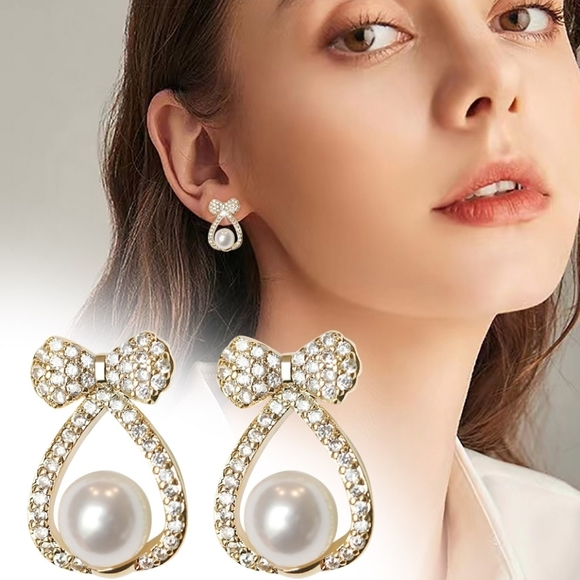 Fashion Jewelry Jewelry - Bling Bow Pearl Crystal Studs Earrings Goldtone